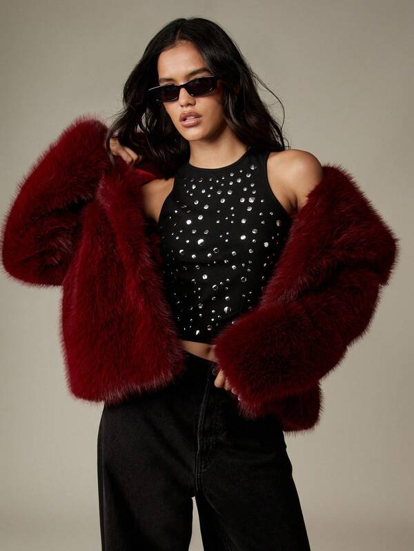 Missguided MISSGUIDED Plush Faux Fur Mid-Length Coat With Stand Collar
