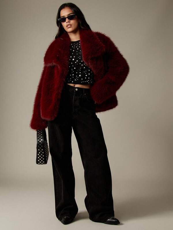 Missguided MISSGUIDED Plush Faux Fur Mid-Length Coat With Stand Collar