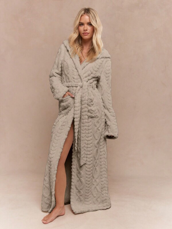 missguided MISSGUIDED Plush Hooded Bathrobe With Cable Knit Texture