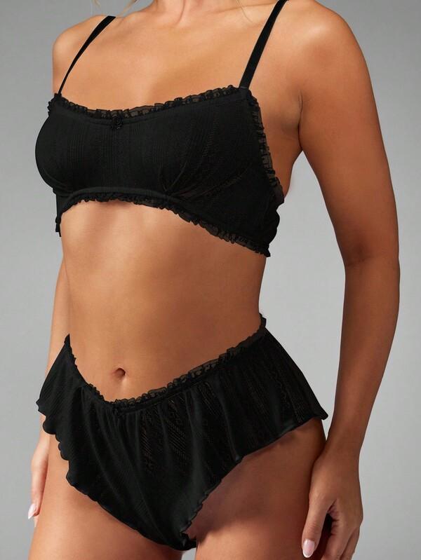 Missguided MISSGUIDED Pointelle Knit Bralette And High Waist Panty With Ruffle Trim