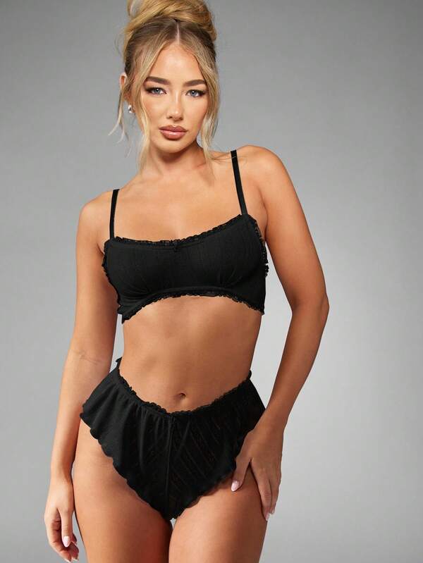 missguided MISSGUIDED Pointelle Knit Bralette And High Waist Panty With Ruffle Trim