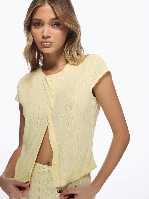 Missguided MISSGUIDED Pointelle Knit Button-Down Crop Top High-Rise Mini Skirt Set
