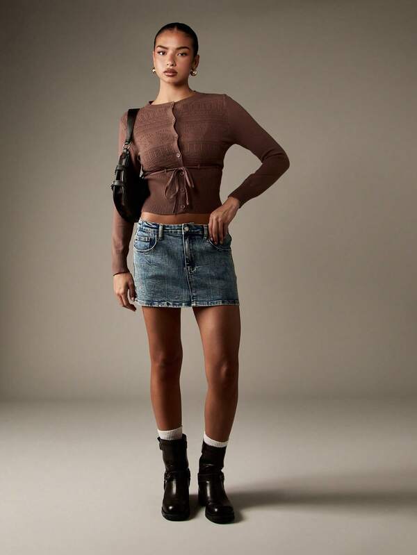Missguided MISSGUIDED Pointelle Knit Cardigan With Tie Waist And Buttons