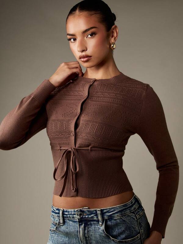 missguided MISSGUIDED Pointelle Knit Cardigan With Tie Waist And Buttons