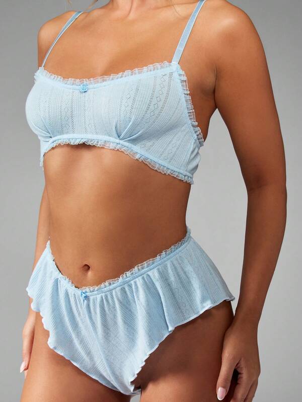 Missguided MISSGUIDED Pointelle Knit Ruffle Trim Lace Pattern Bra And Panty Set