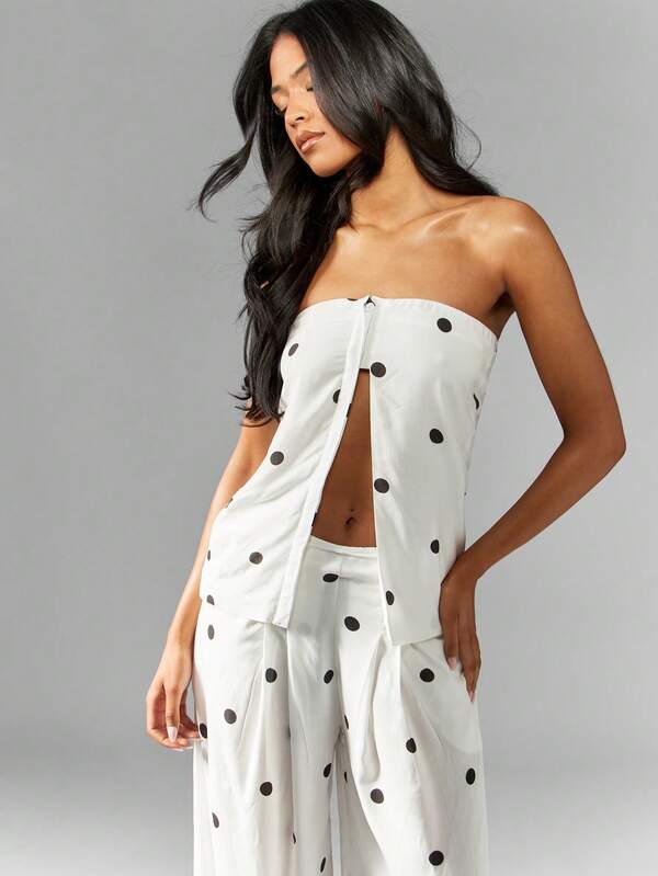 Missguided MISSGUIDED Polka Dot Bandeau Top Wide Leg Trousers Two Piece Set