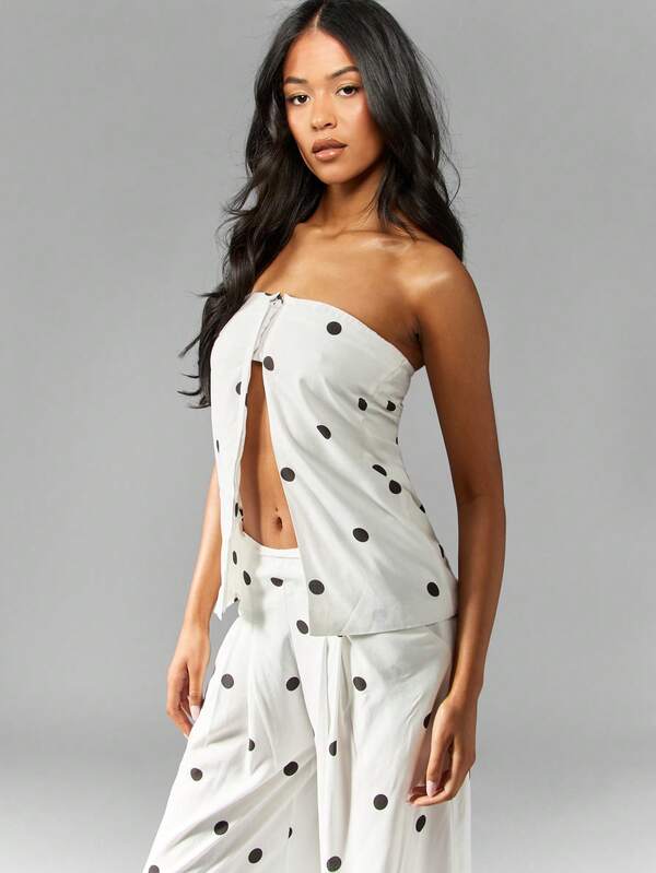 Missguided MISSGUIDED Polka Dot Bandeau Top Wide Leg Trousers Two Piece Set