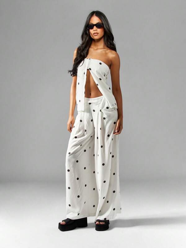 missguided MISSGUIDED Polka Dot Bandeau Top Wide Leg Trousers Two Piece Set