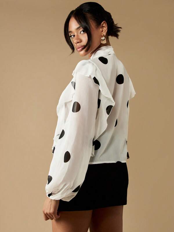 Missguided MISSGUIDED Polka Dot Blouse With Tie Neck And Ruffles