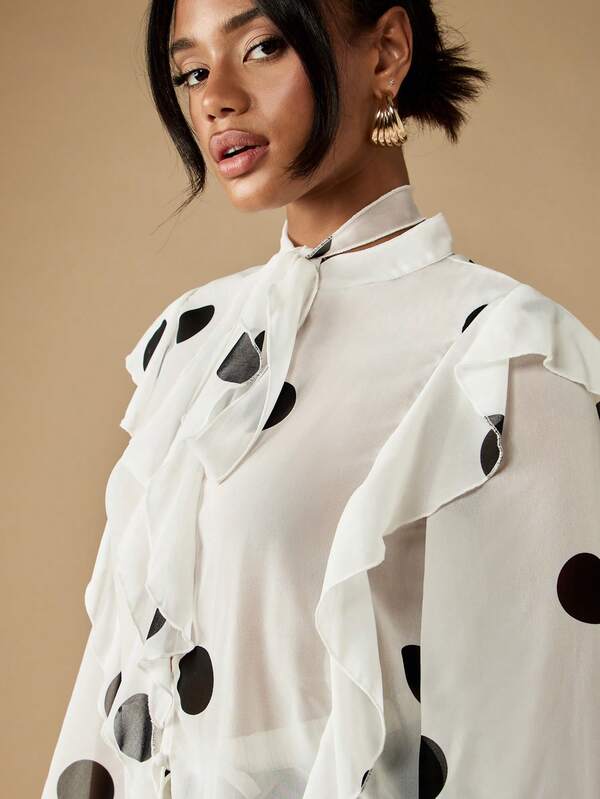 Missguided MISSGUIDED Polka Dot Blouse With Tie Neck And Ruffles