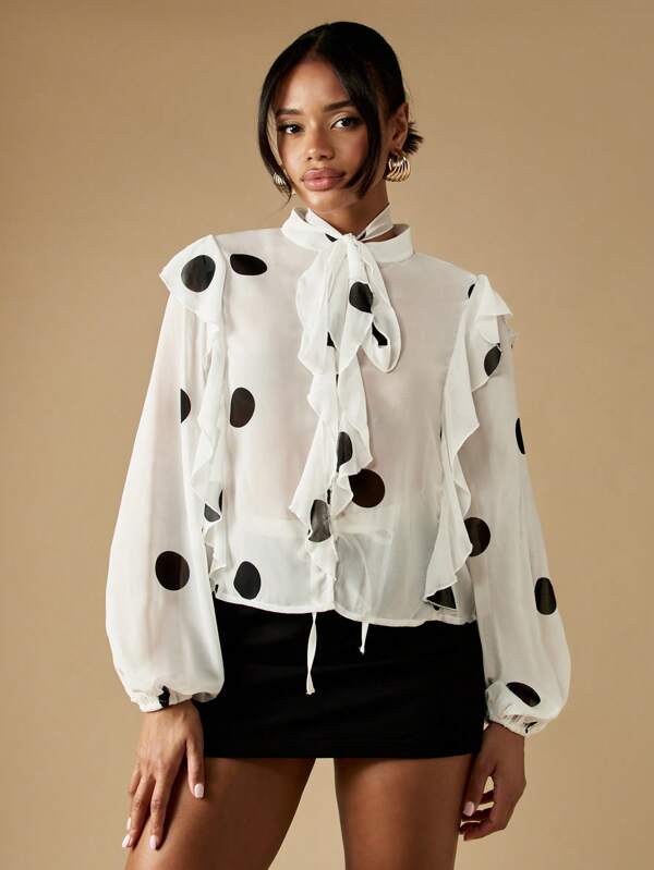 missguided MISSGUIDED Polka Dot Blouse With Tie Neck And Ruffles