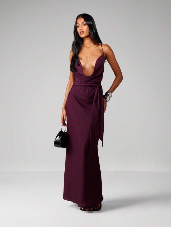 missguided MISSGUIDED Polka Dot Cowl Neck Maxi With Waist Tie