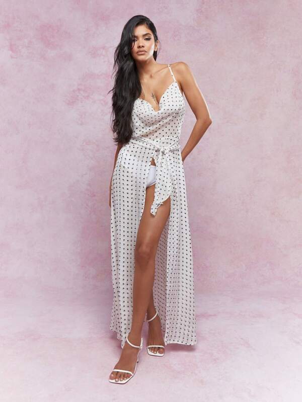 missguided MISSGUIDED Polka Dot Cowl Neck Open Front Maxi Top With Tie Scarf