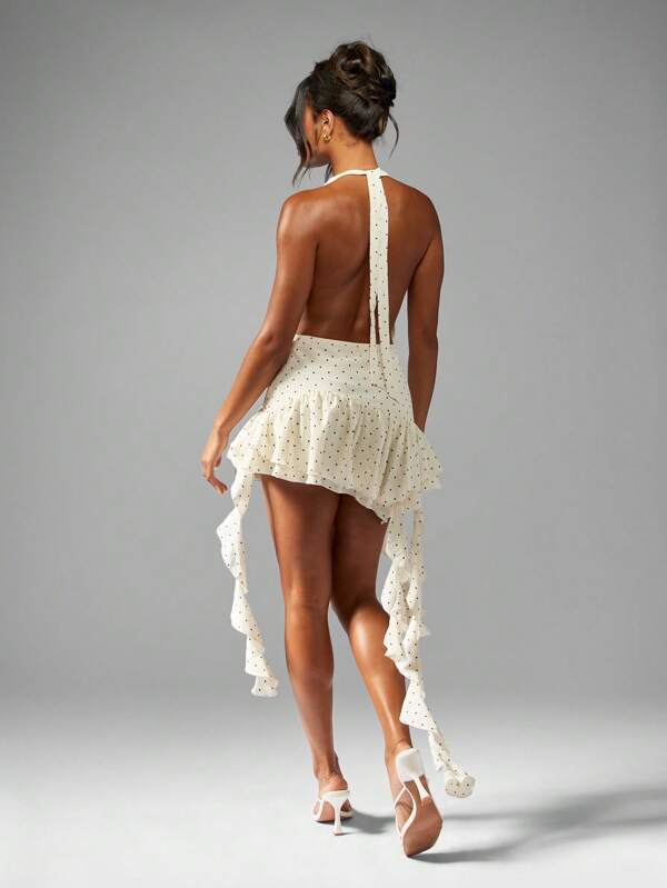 Missguided MISSGUIDED Polka Dot Halter Chiffon Backless Ruffle Hem Flowy Mini Dress