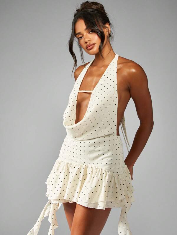 missguided MISSGUIDED Polka Dot Halter Chiffon Backless Ruffle Hem Flowy Mini Dress