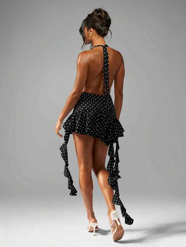 Missguided MISSGUIDED Polka Dot Halter Mini Dress With Ruffles