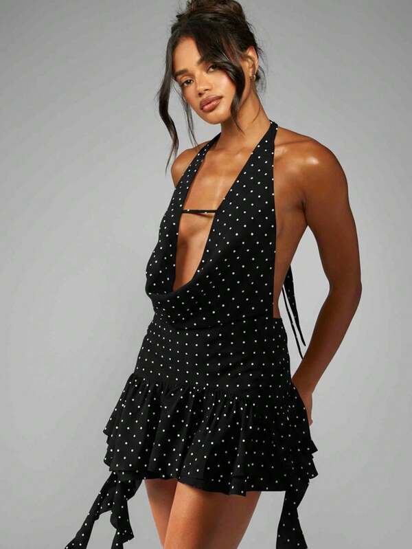 missguided MISSGUIDED Polka Dot Halter Mini Dress With Ruffles