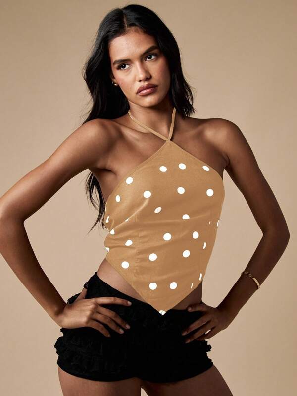 missguided MISSGUIDED Polka Dot Halter Neck Crop Top With Tie Back