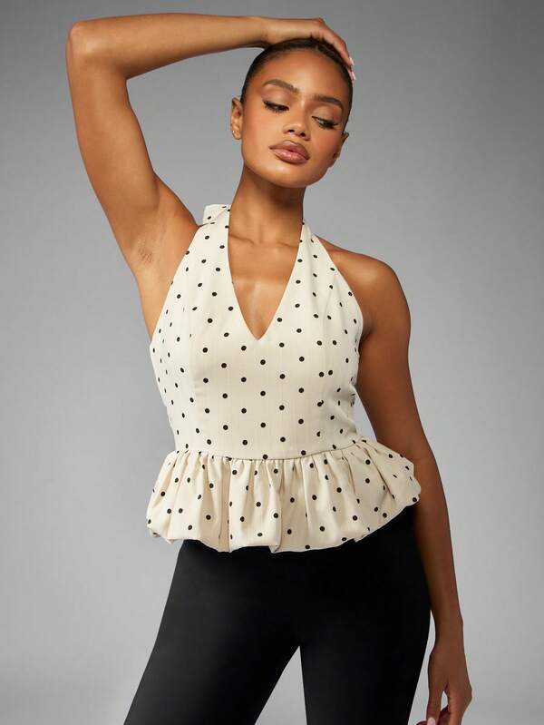 Missguided MISSGUIDED Polka Dot Halter Neck Peplum Top With Bubble Hem