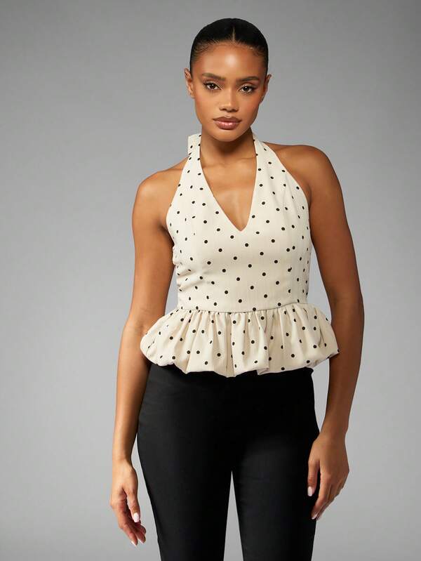 missguided MISSGUIDED Polka Dot Halter Neck Peplum Top With Bubble Hem
