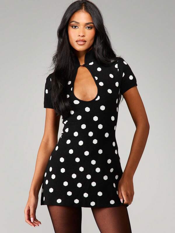 missguided MISSGUIDED Polka Dot Knit Mini Dress With Keyhole Neckline