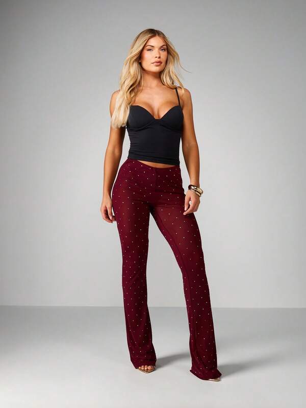 Missguided MISSGUIDED Polka Dot Mesh Flare Pants With Bell Bottom