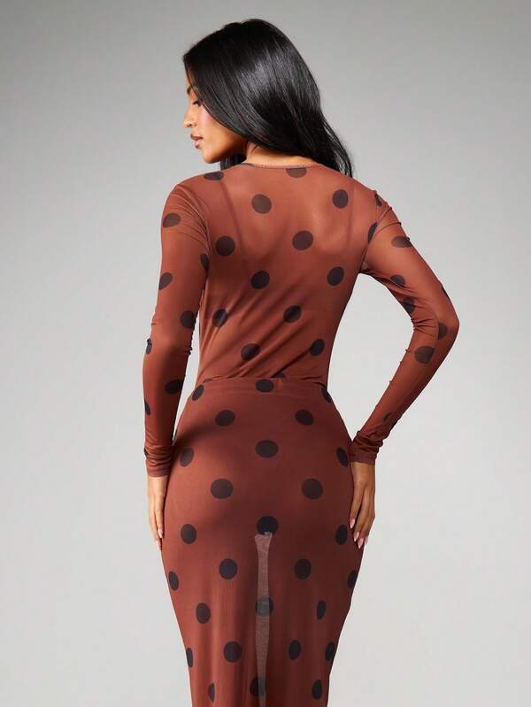 Missguided MISSGUIDED Polka Dot Mesh Long Sleeve Bodysuit