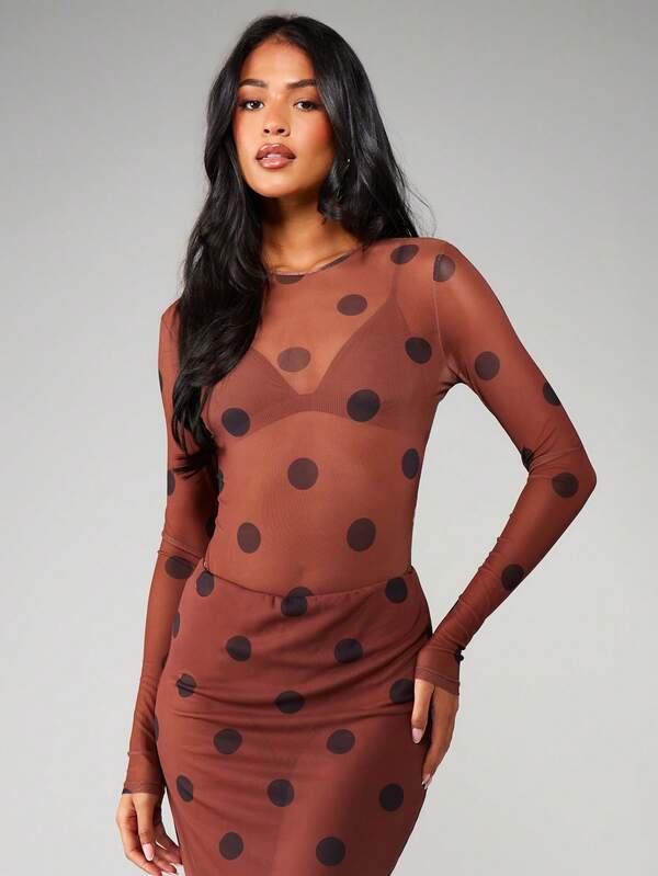 Missguided MISSGUIDED Polka Dot Mesh Long Sleeve Bodysuit