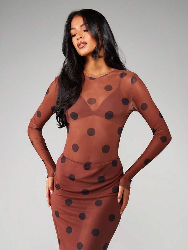 missguided MISSGUIDED Polka Dot Mesh Long Sleeve Bodysuit
