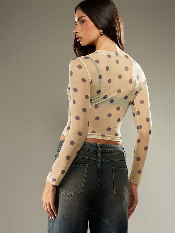 Missguided MISSGUIDED Polka Dot Mesh Long Sleeve Fitted Crop Top