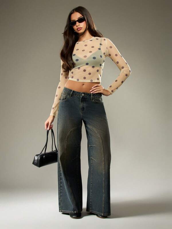 Missguided MISSGUIDED Polka Dot Mesh Long Sleeve Fitted Crop Top