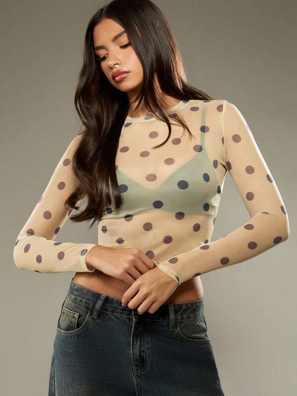 Missguided MISSGUIDED Polka Dot Mesh Long Sleeve Fitted Crop Top