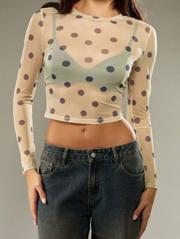 missguided MISSGUIDED Polka Dot Mesh Long Sleeve Fitted Crop Top