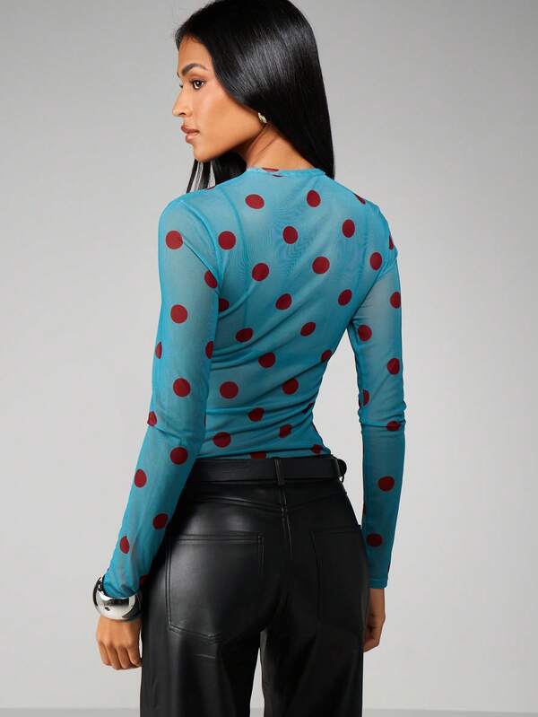 Missguided MISSGUIDED Polka Dot Mesh Long Sleeve Top