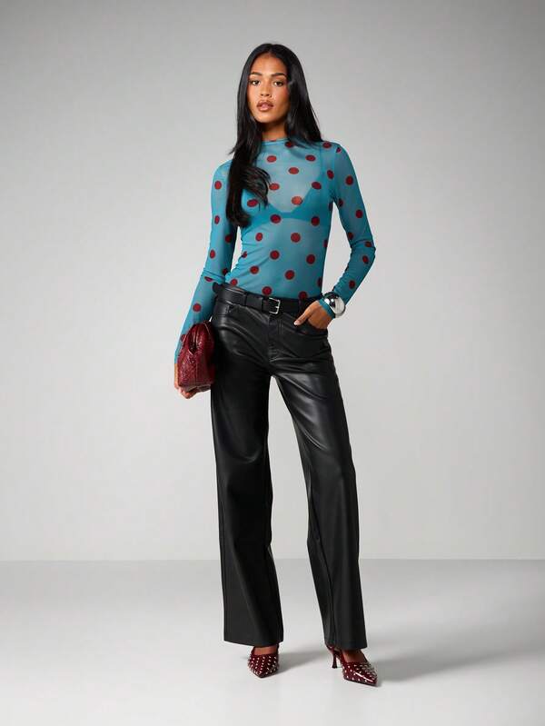 Missguided MISSGUIDED Polka Dot Mesh Long Sleeve Top
