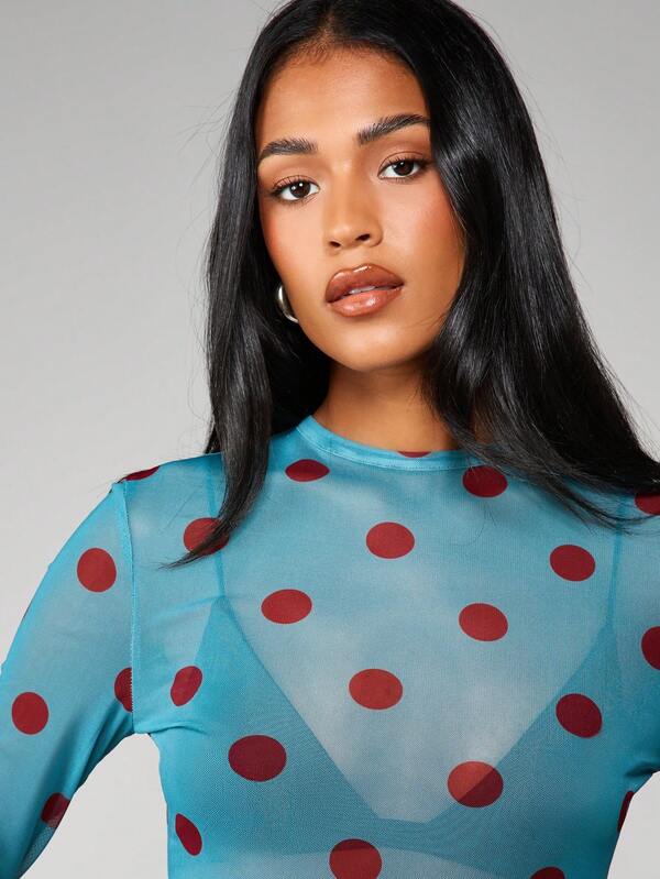 Missguided MISSGUIDED Polka Dot Mesh Long Sleeve Top