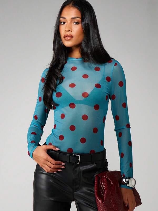 missguided MISSGUIDED Polka Dot Mesh Long Sleeve Top