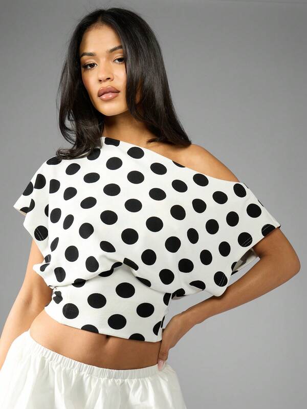 Missguided MISSGUIDED Polka Dot Off Shoulder Crop Top Blouse