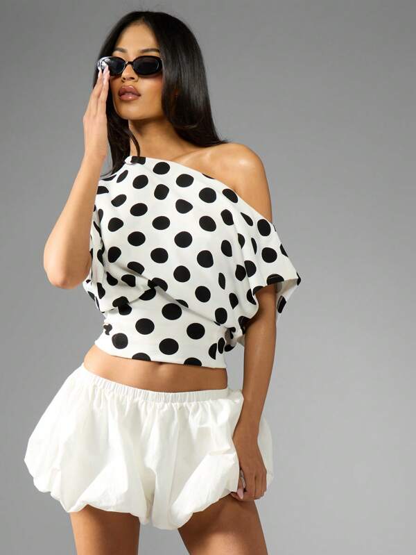 missguided MISSGUIDED Polka Dot Off Shoulder Crop Top Blouse