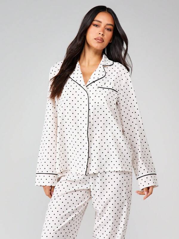Missguided MISSGUIDED Polka Dot Pajama Set With Button Up Top