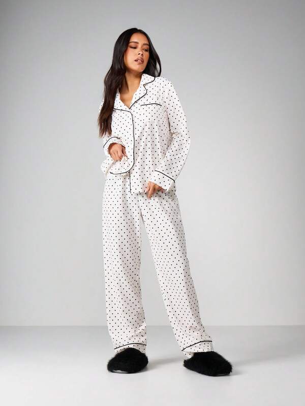 Missguided MISSGUIDED Polka Dot Pajama Set With Button Up Top