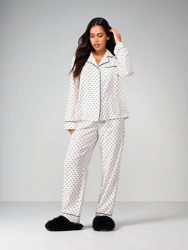 missguided MISSGUIDED Polka Dot Pajama Set With Button Up Top