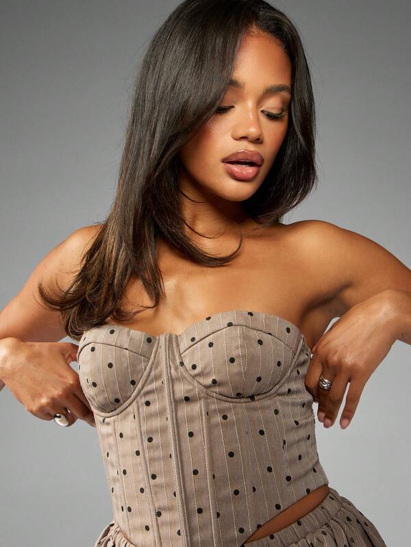 Missguided MISSGUIDED Polka Dot Pinstripe Corset Top With Ruched Detail