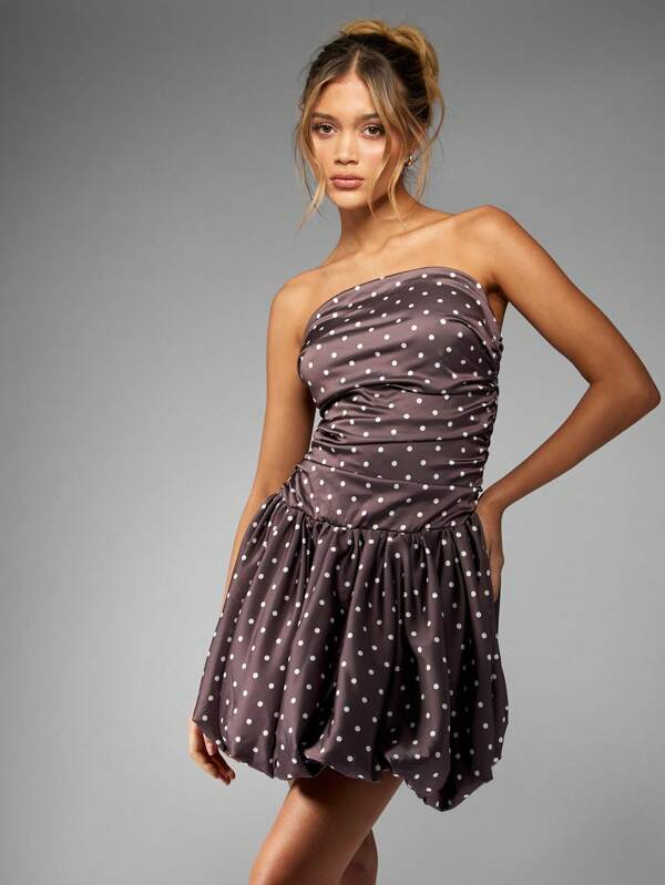 missguided MISSGUIDED Polka Dot Ruched Bandeau Mini Dress