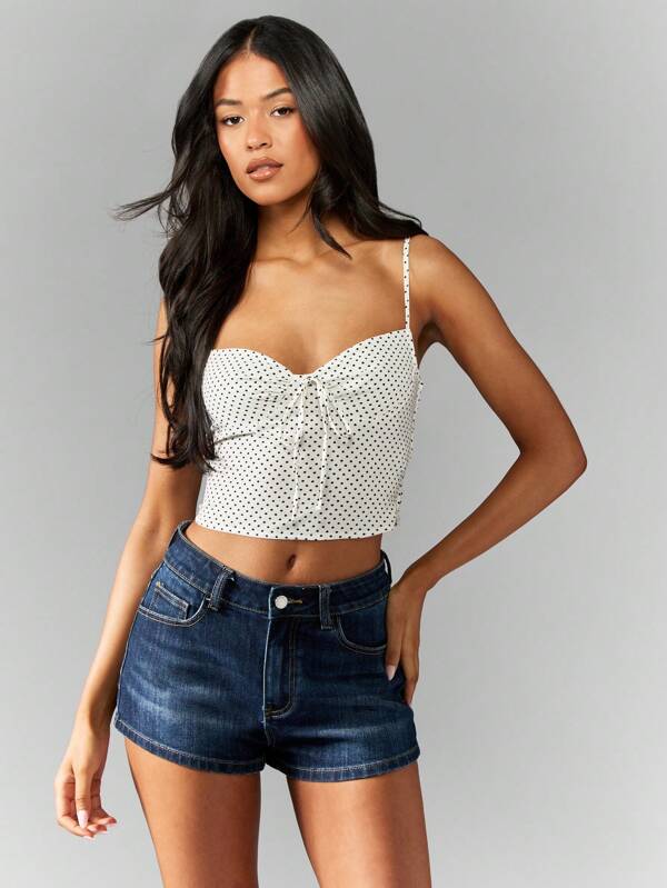 missguided MISSGUIDED Polka Dot Ruched Bust Crop Cami Top Thin Straps Sweetheart Neckline