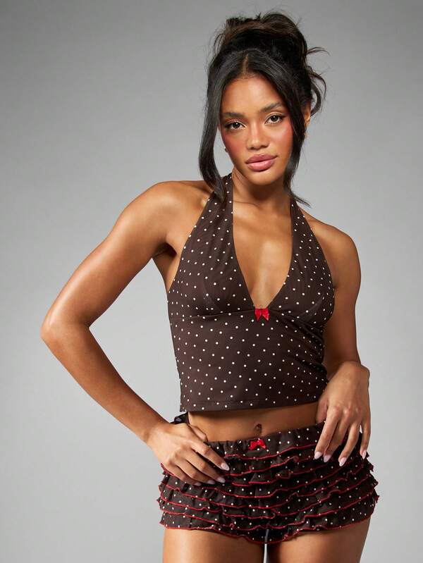 Missguided MISSGUIDED Polka Dot Ruffle Tier Mini Short Two Piece Set
