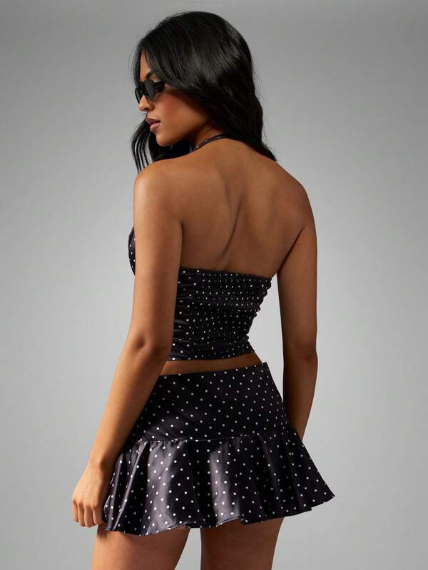 Missguided MISSGUIDED Polka Dot Satin Halter Crop Top Skirt Set