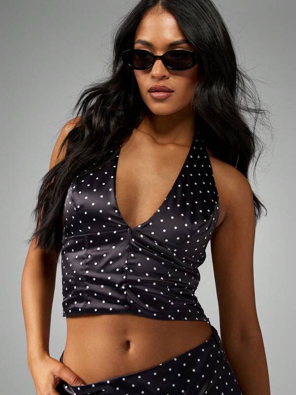 Missguided MISSGUIDED Polka Dot Satin Halter Crop Top Skirt Set