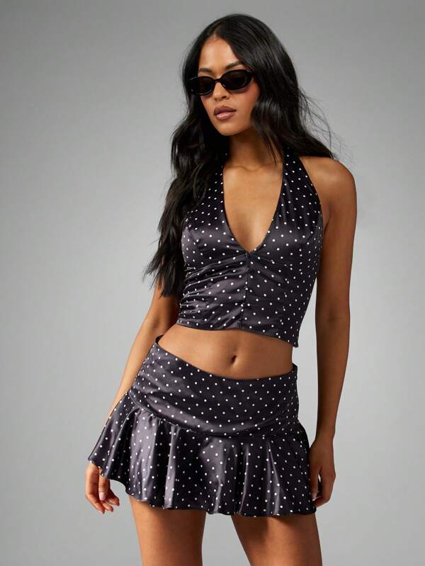 Missguided MISSGUIDED Polka Dot Satin Halter Crop Top Skirt Set