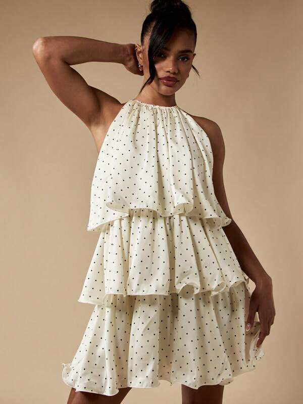 missguided MISSGUIDED Polka Dot Tiered Mini Dress High Neck Sleeveless Ruffle